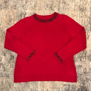 Christopher & Banks PL red and black sweater with black faux gemstone detail